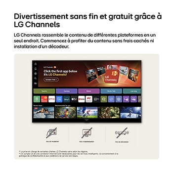 LG NANO 4K UHD AI nu85 home screen navigates into the LG Channels interface, with free live TV channels, movies, and exclusive content. It highlights direct access to hundreds of entertainment options with no payment, no subscription, and no set-top box required.